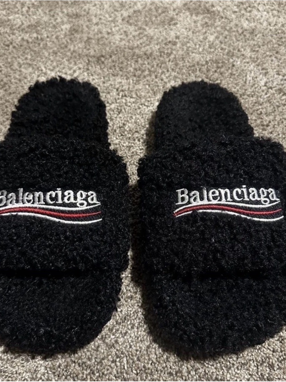 Balenciaga Black Fuzzy Slide Sandals. text interested (5045474637)